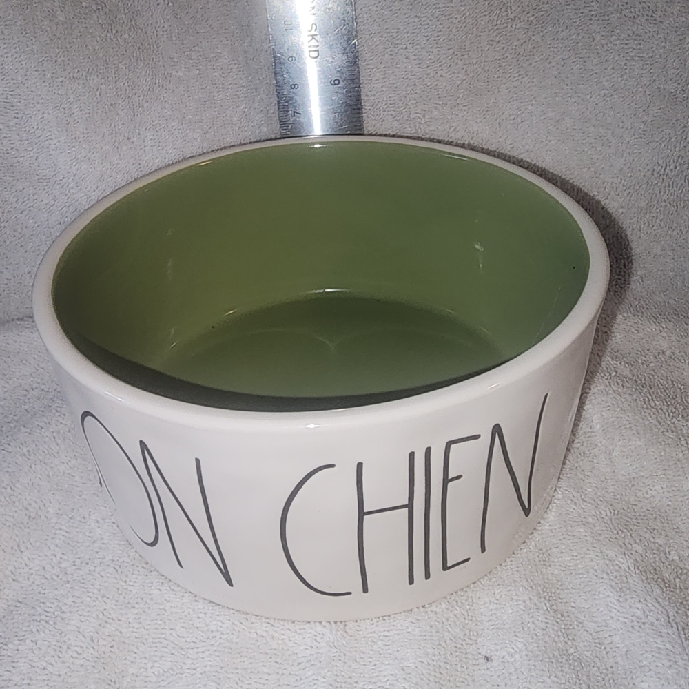 Rae Dunn Green and White Dog Bowl